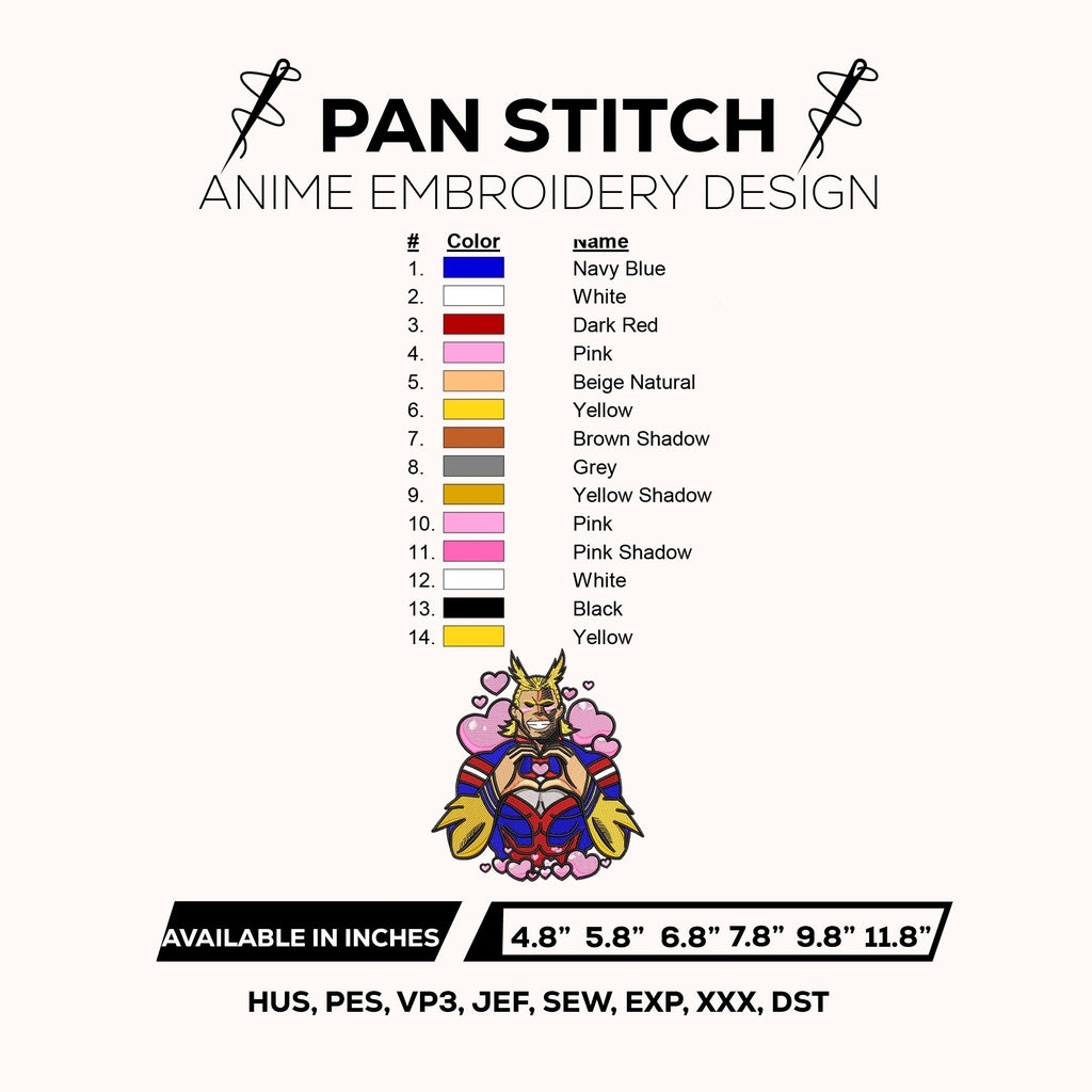 All Might Love Embroidery Design – My Hero Academia Cute Hero Design – Anime Machine Embroidery Design – Digital Download