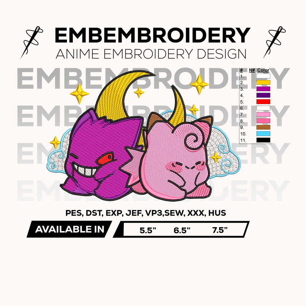 Gengar & Clefairy Cute Love Embroidery Design – Pokemon Anime Machine Embroidery Design – Digital Download