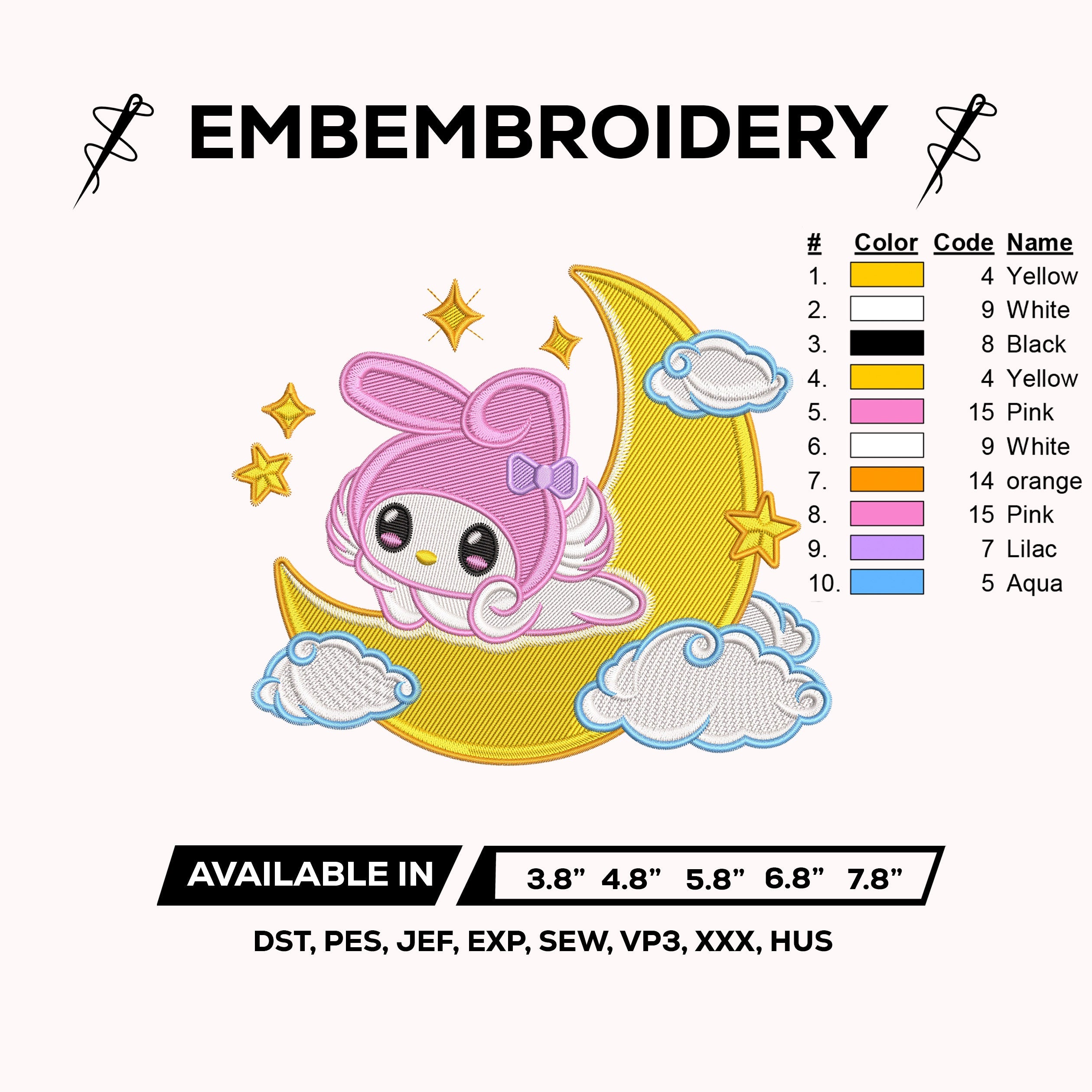 My Melody on Moon Embroidery Design – My Melody Cute Kawaii Machine Embroidery File Instant Download