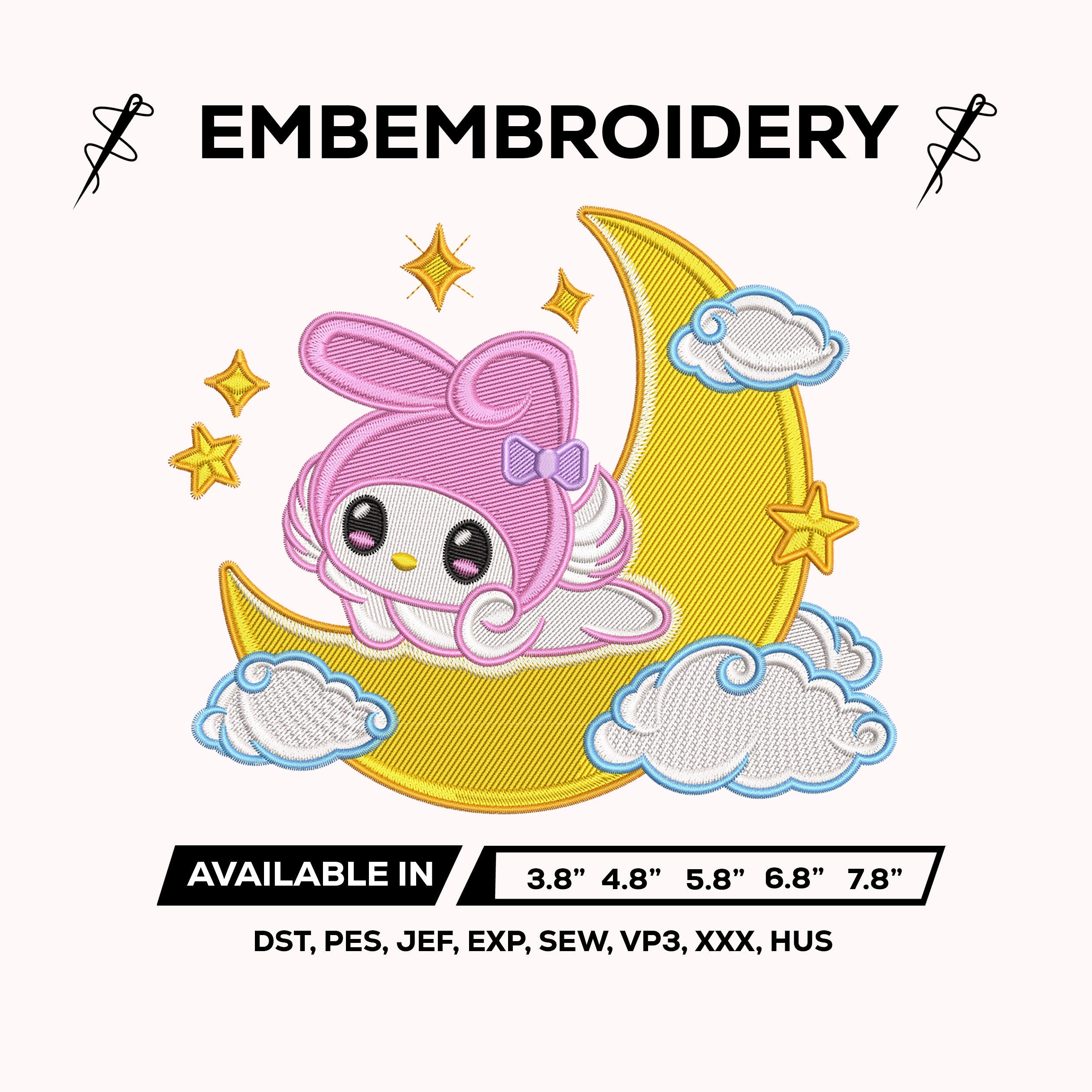 My Melody on Moon Embroidery Design – My Melody Cute Kawaii Machine Embroidery File Instant Download