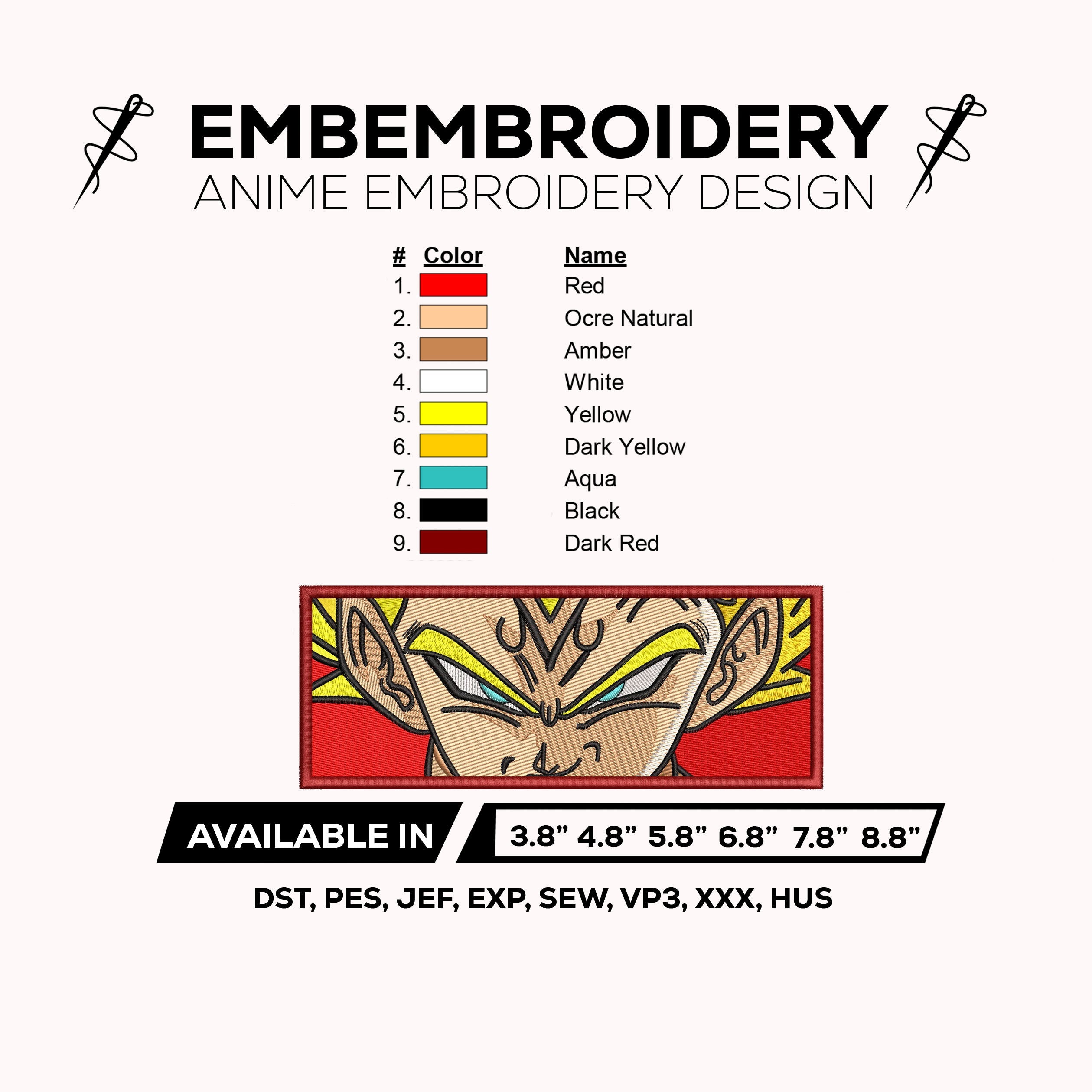 Vegeta Majin Face Eyes Embroidery Design – Dragon Ball Z Super Saiyan Anime Machine Embroidery File