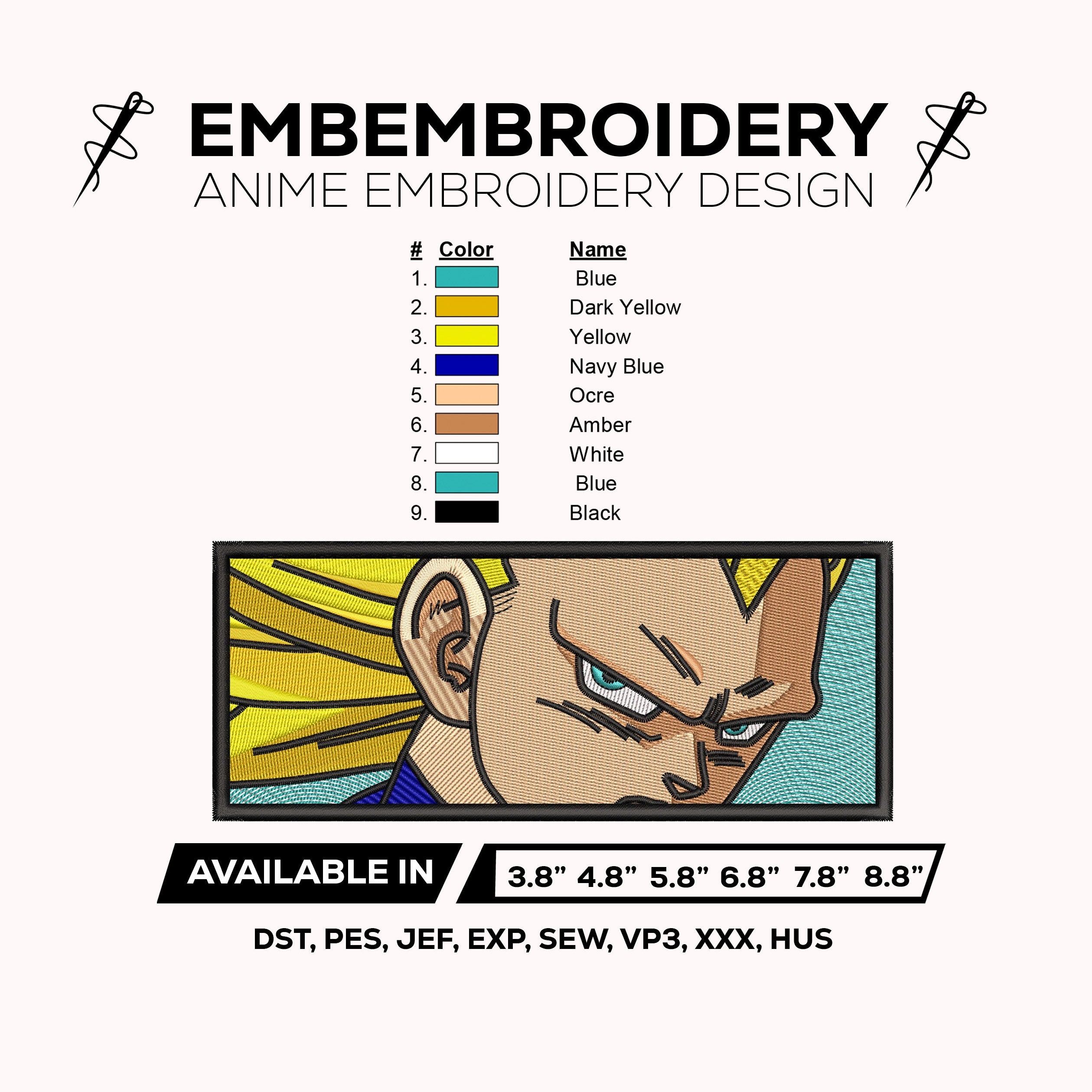 Vegeta Super Saiyan 3 Face Eyes Embroidery Design – Dragon Ball Z Anime Machine Embroidery File