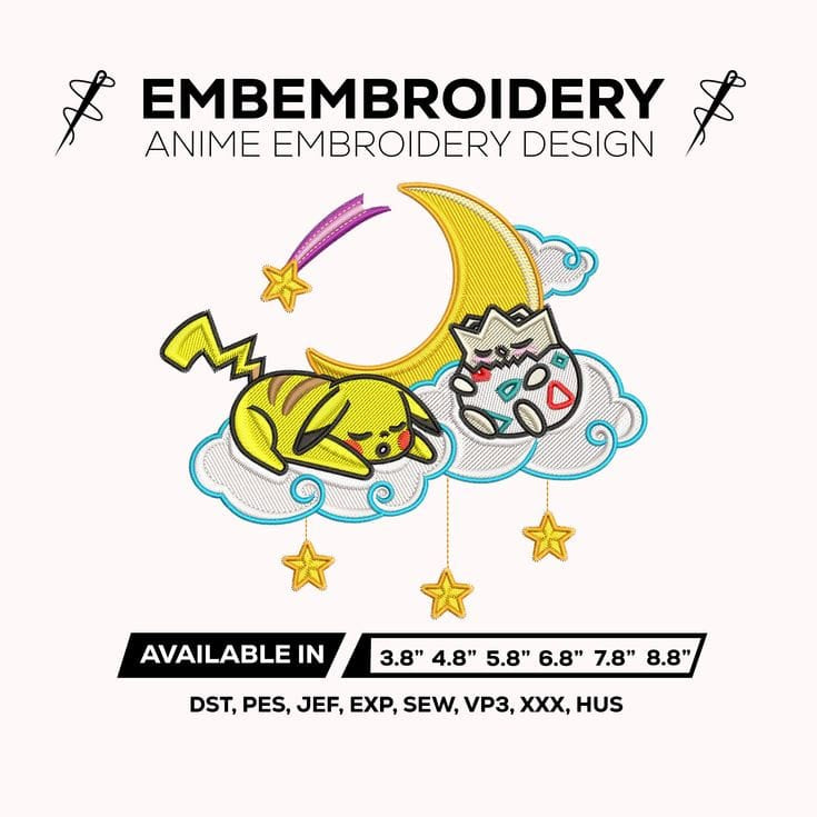 Pikachu & Togepi Sleeping Moon Embroidery Design – Pokemon Anime Machine Embroidery Design – Digital Download