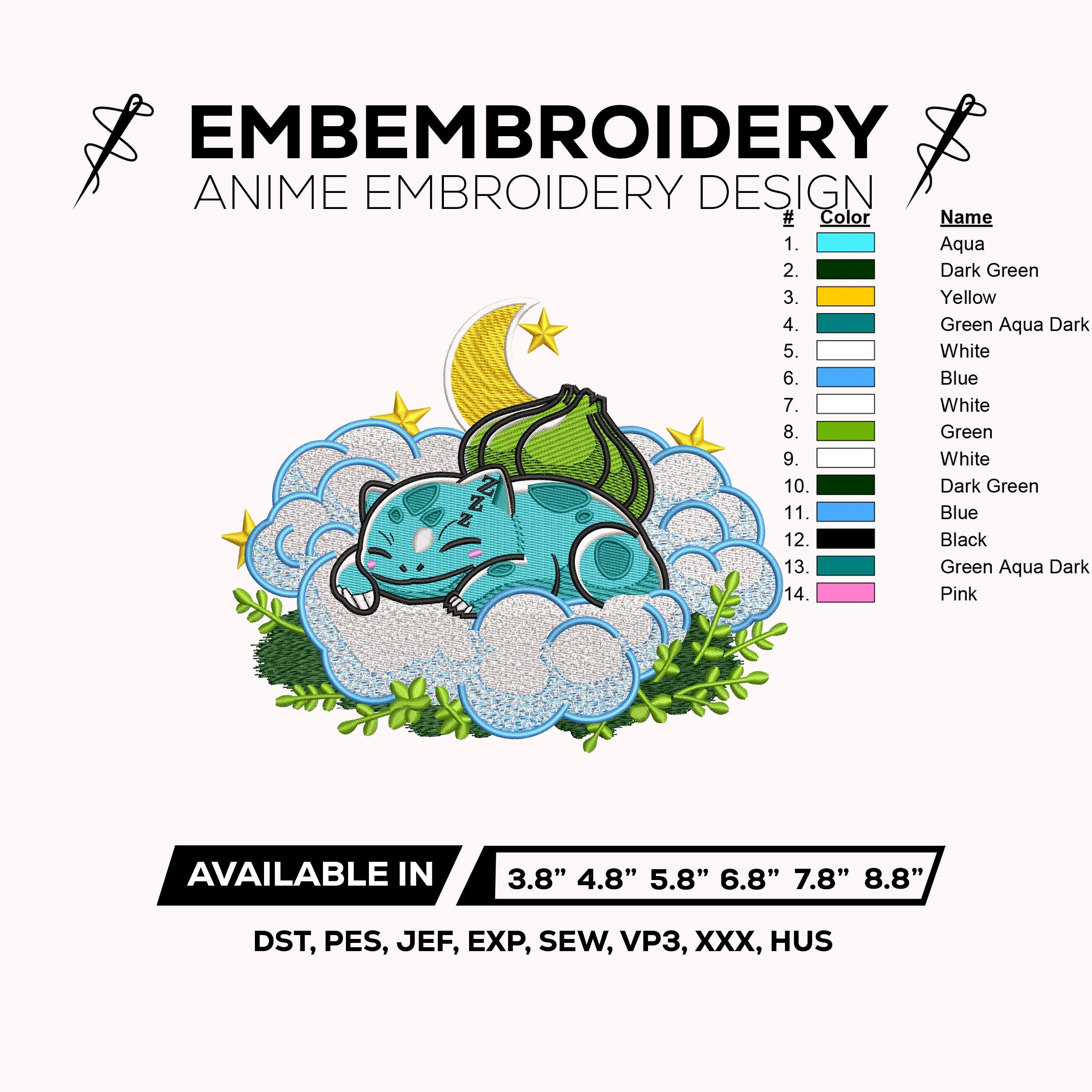 Bulbasaur Cloud Embroidery Design = Bulbasaur Pokemon Anime Machine Embroidery Design – Digital Download