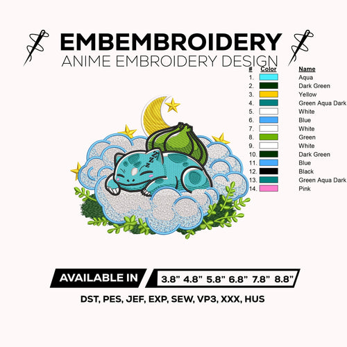 Bulbasaur Cloud Embroidery Design = Bulbasaur Pokemon Anime Machine Embroidery Design – Digital Download