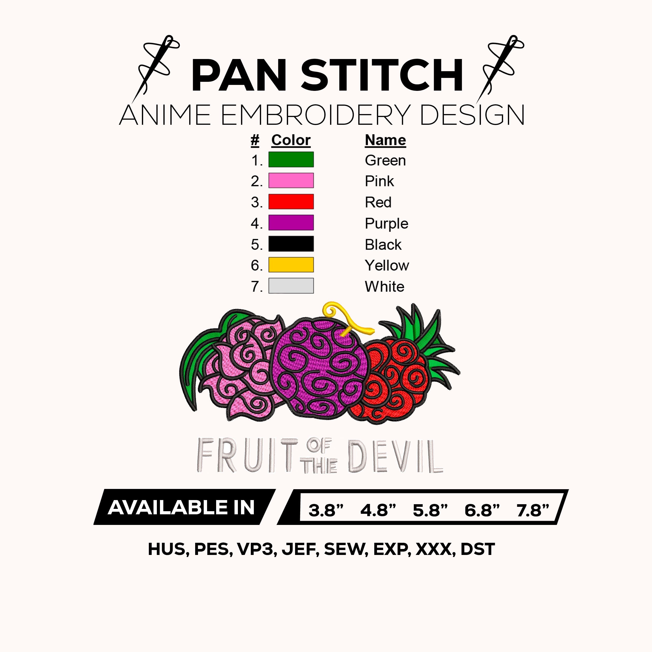 One Piece Devil Fruits Embroidery Design – Mera Mera no Mi, Gomu Gomu no Mi & Hana Hana no Mi Digital File