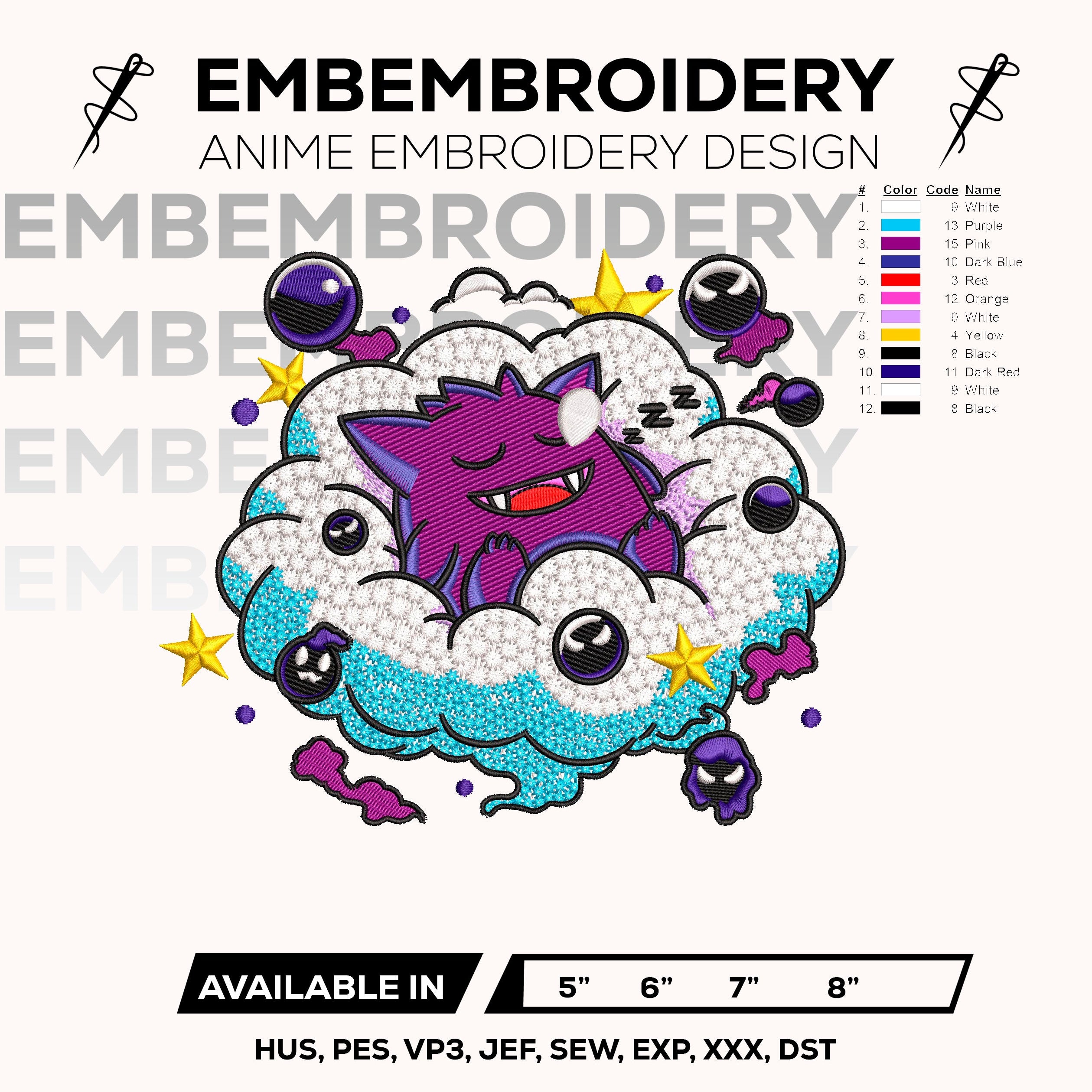 Gengar Cloud Embroidery Design – Gengar Pokemon Anime Machine Embroidery Design – Digital Download
