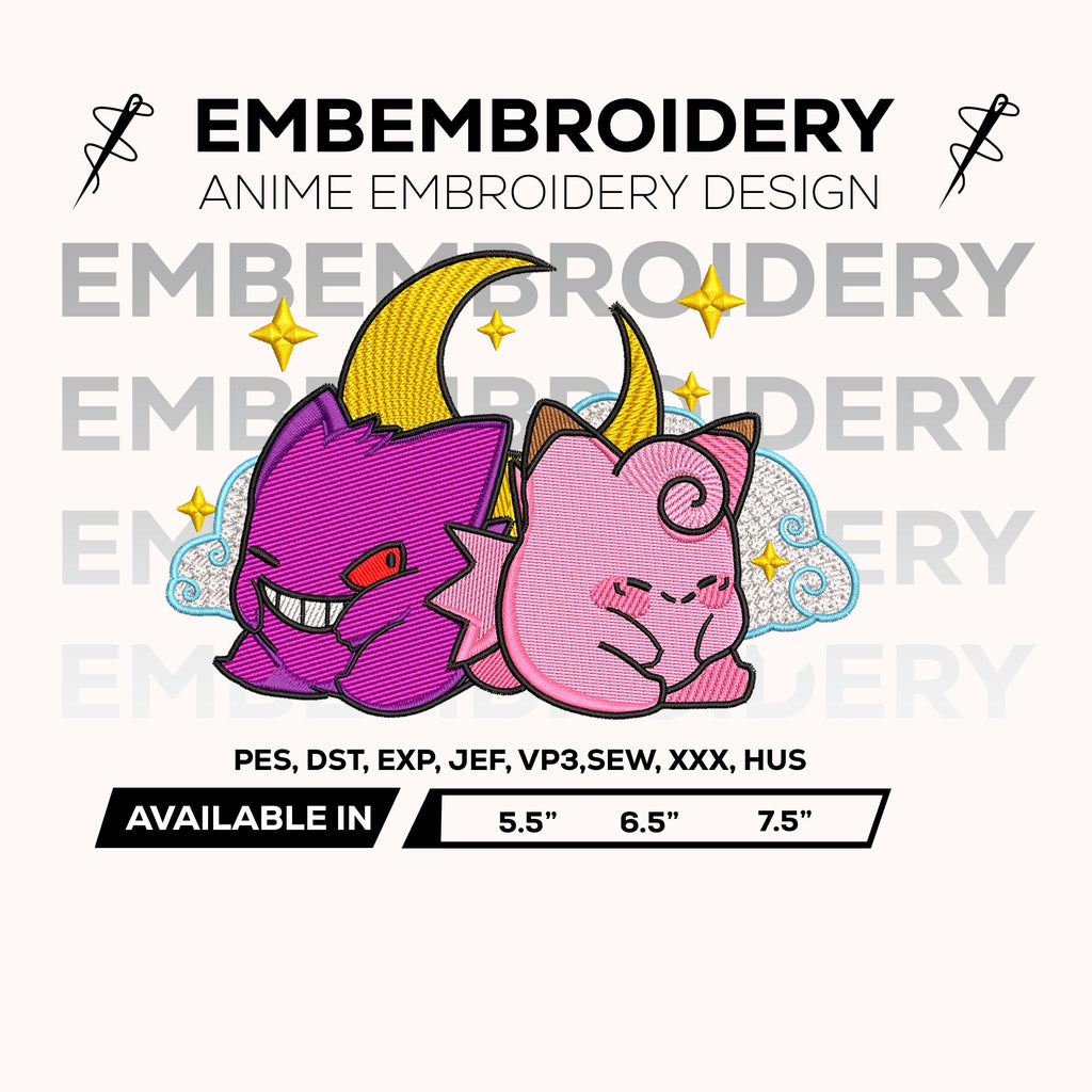 Gengar & Clefairy Cute Love Embroidery Design – Pokemon Anime Machine Embroidery Design – Digital Download