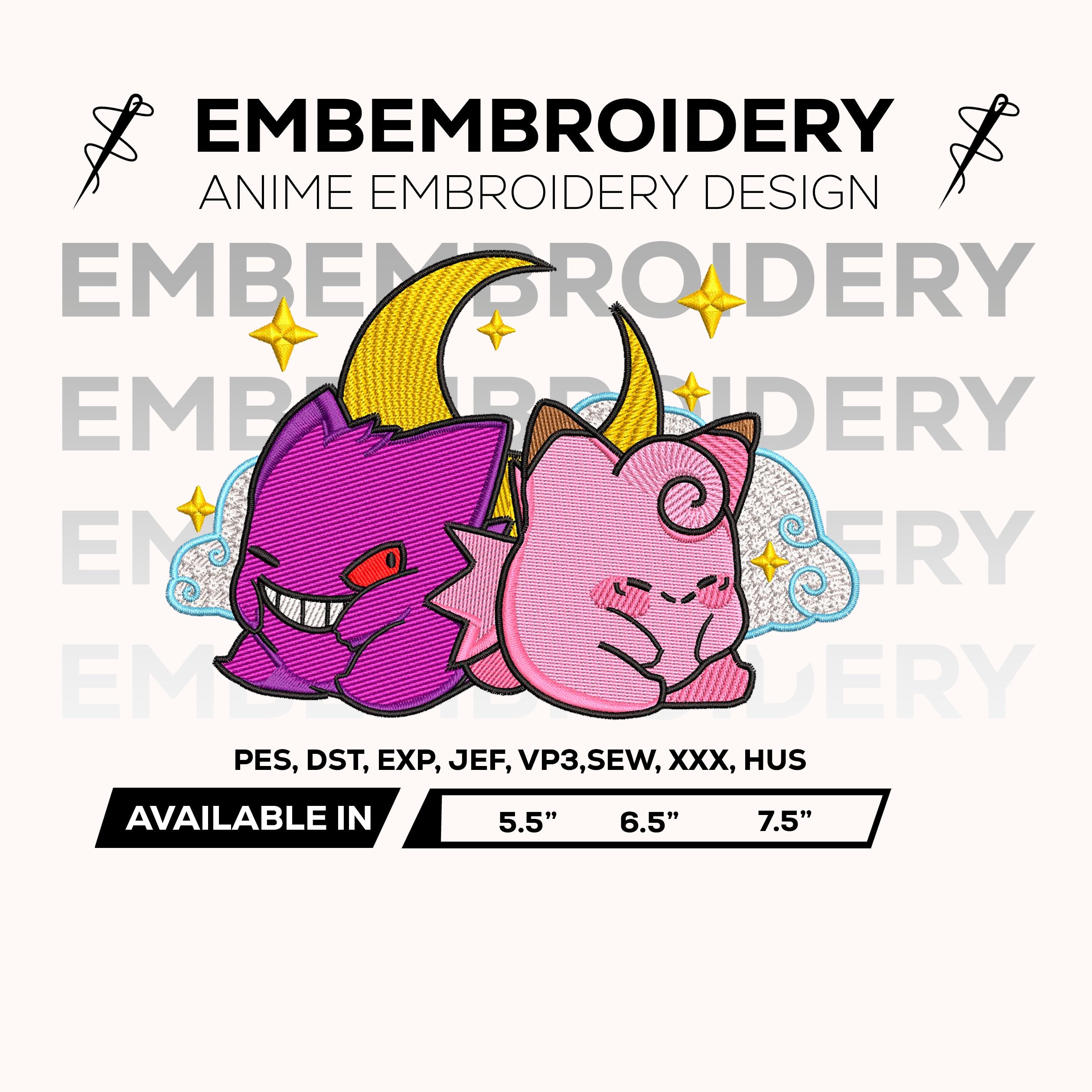 Gengar & Clefairy Cute Love Embroidery Design – Pokemon Anime Machine Embroidery Design – Digital Download
