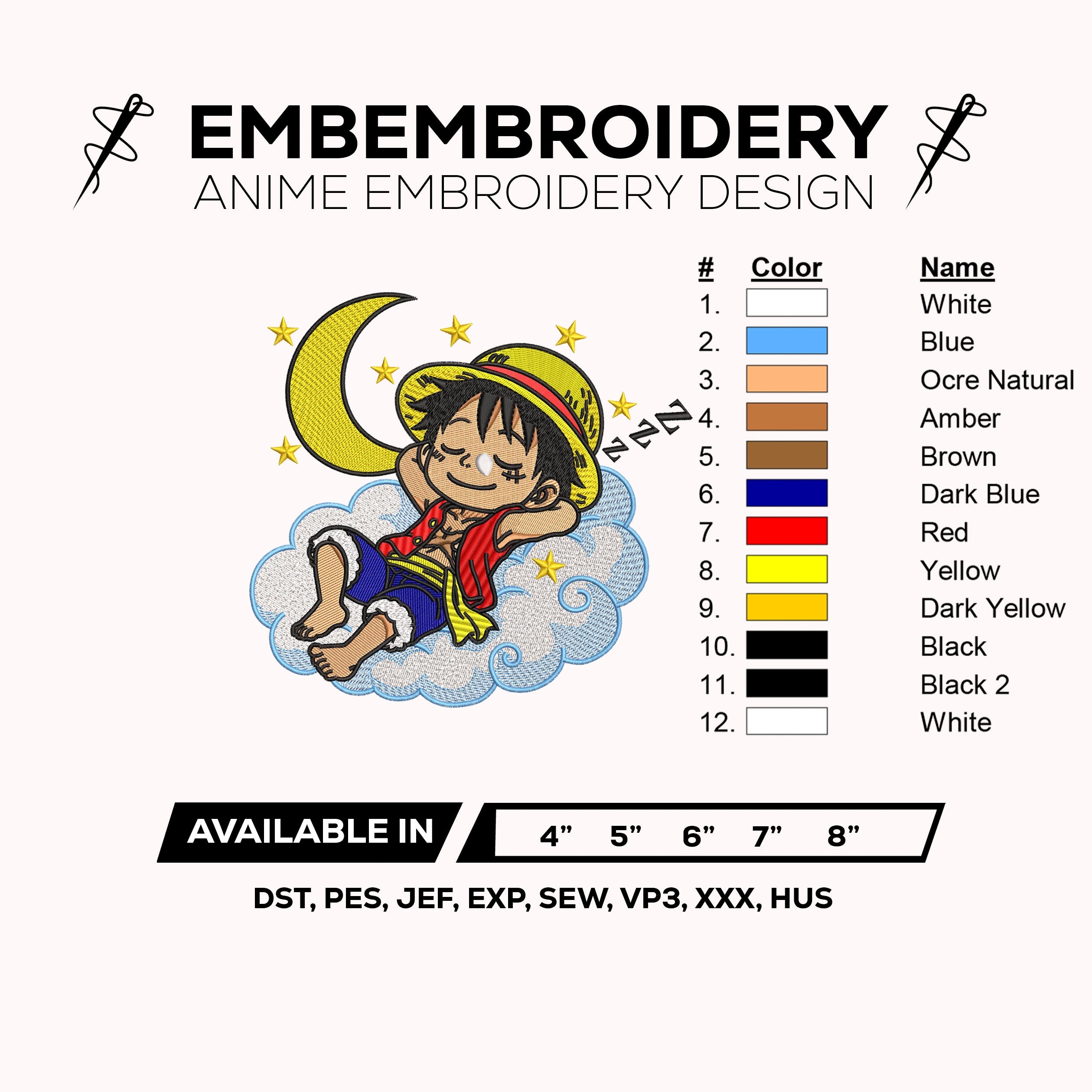 Luffy Sleeping Cloud One Piece Embroidery Design – Anime Machine Embroidery Design – Digital Download