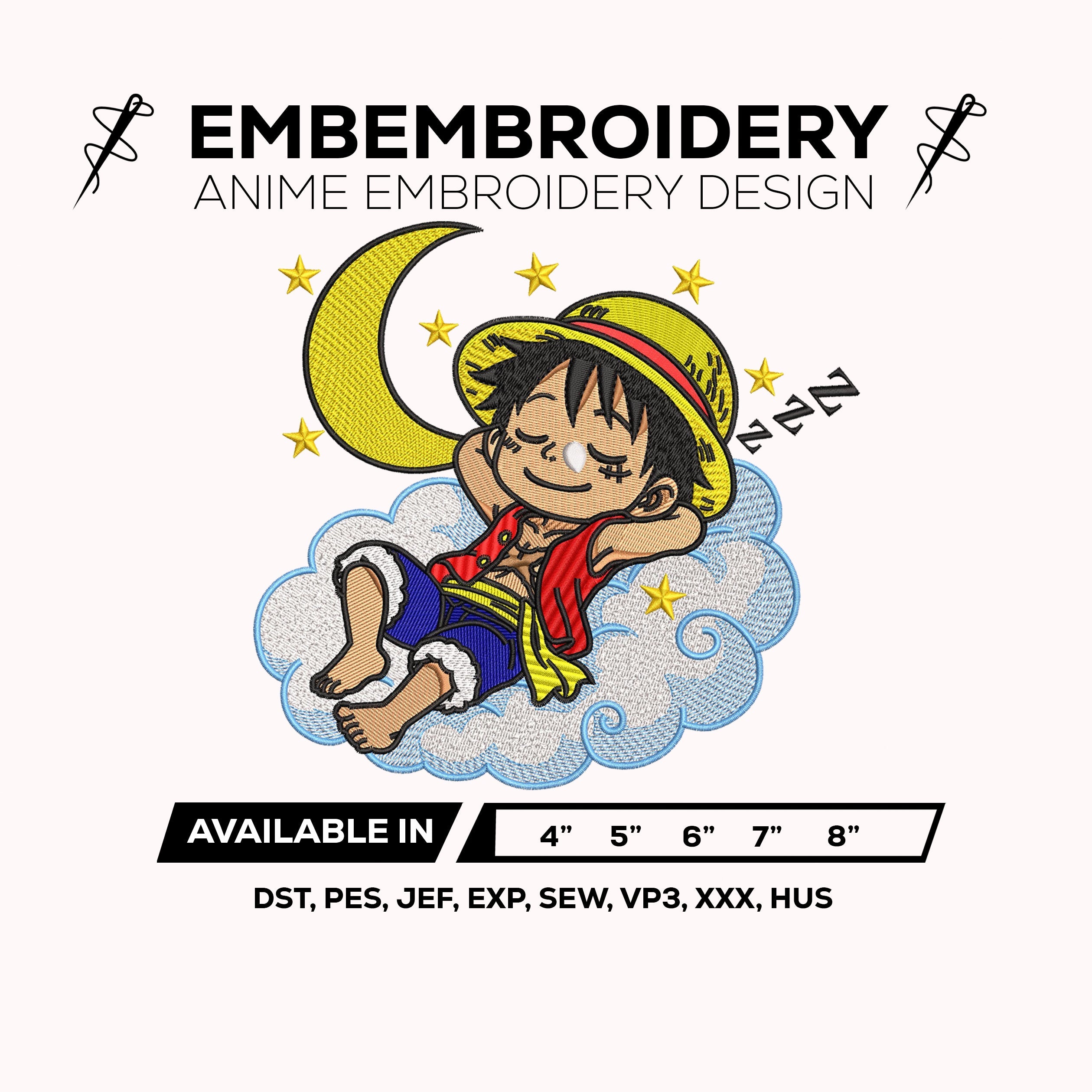 Luffy Sleeping Cloud One Piece Embroidery Design – Anime Machine Embroidery Design – Digital Download
