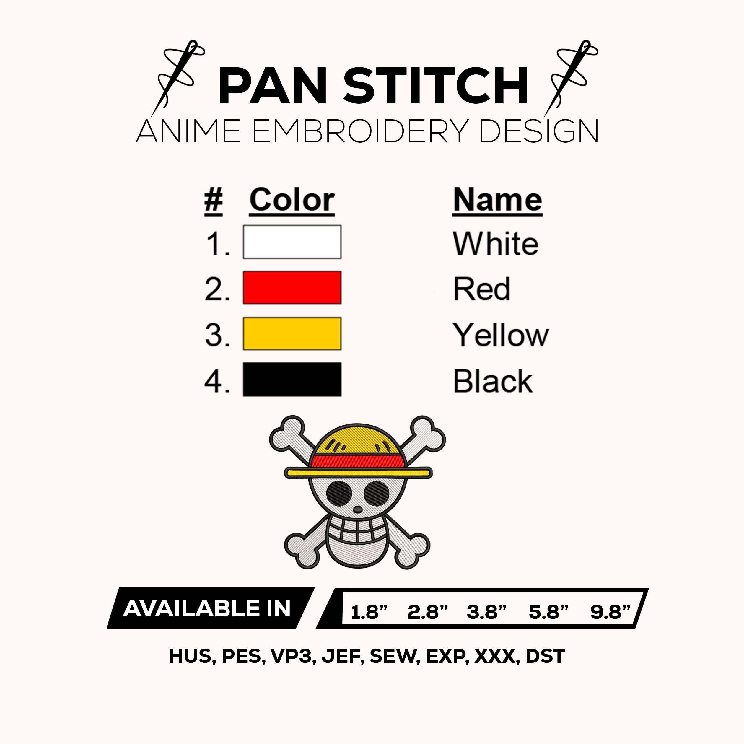 Luffy Pirate Flag Skull Emblem - One Piece Anime Embroidery Design - Digital File for Embroidery Machines - High Detail Stitch Pattern
