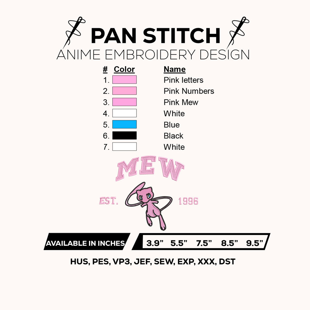 Mew Embroidery Design – Pokemon Machine Embroidery Design – Anime Digital Download