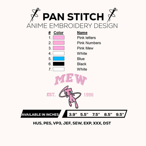 Mew Embroidery Design – Pokemon Machine Embroidery Design – Anime Digital Download
