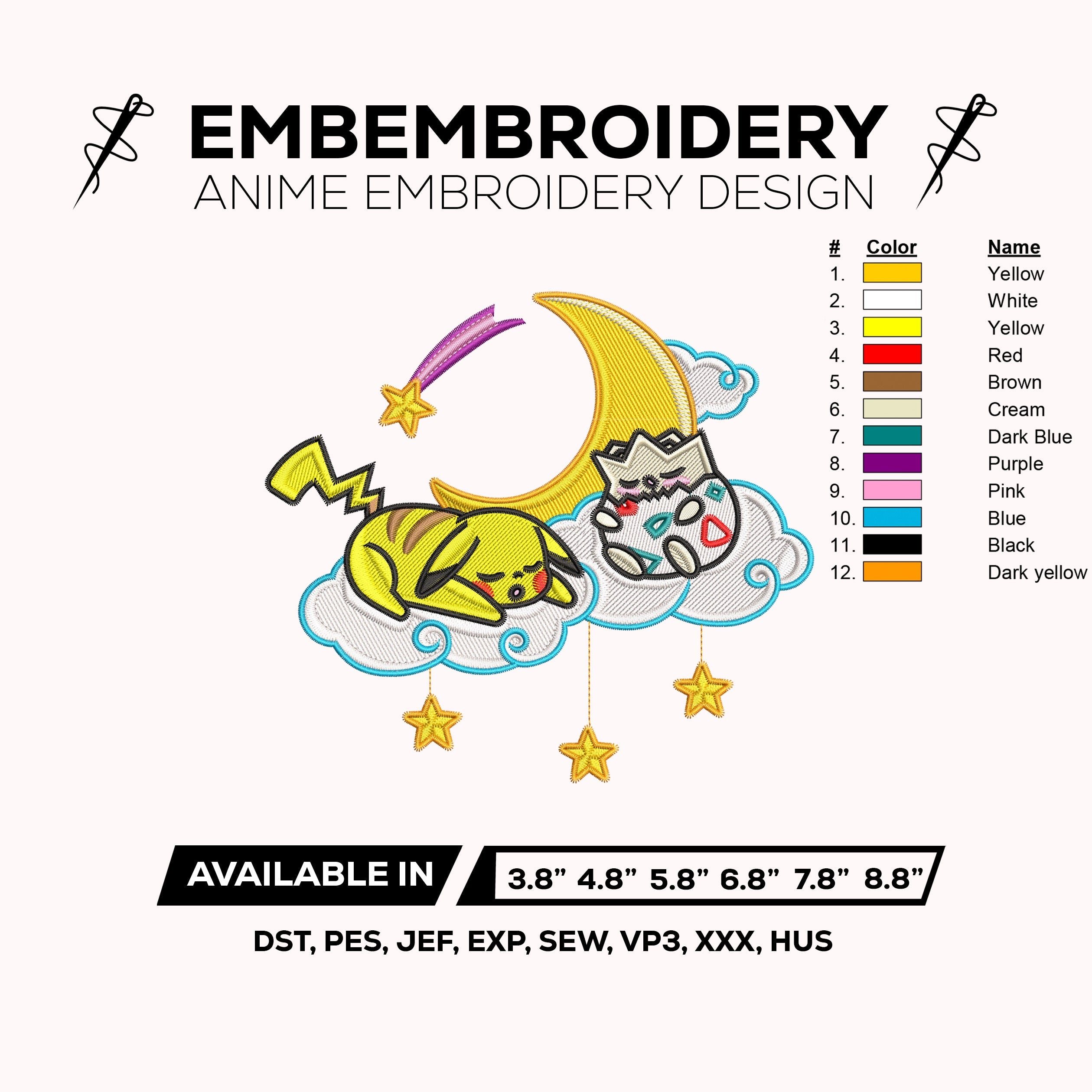Pikachu & Togepi Sleeping Moon Embroidery Design – Pokemon Anime Machine Embroidery Design – Digital Download