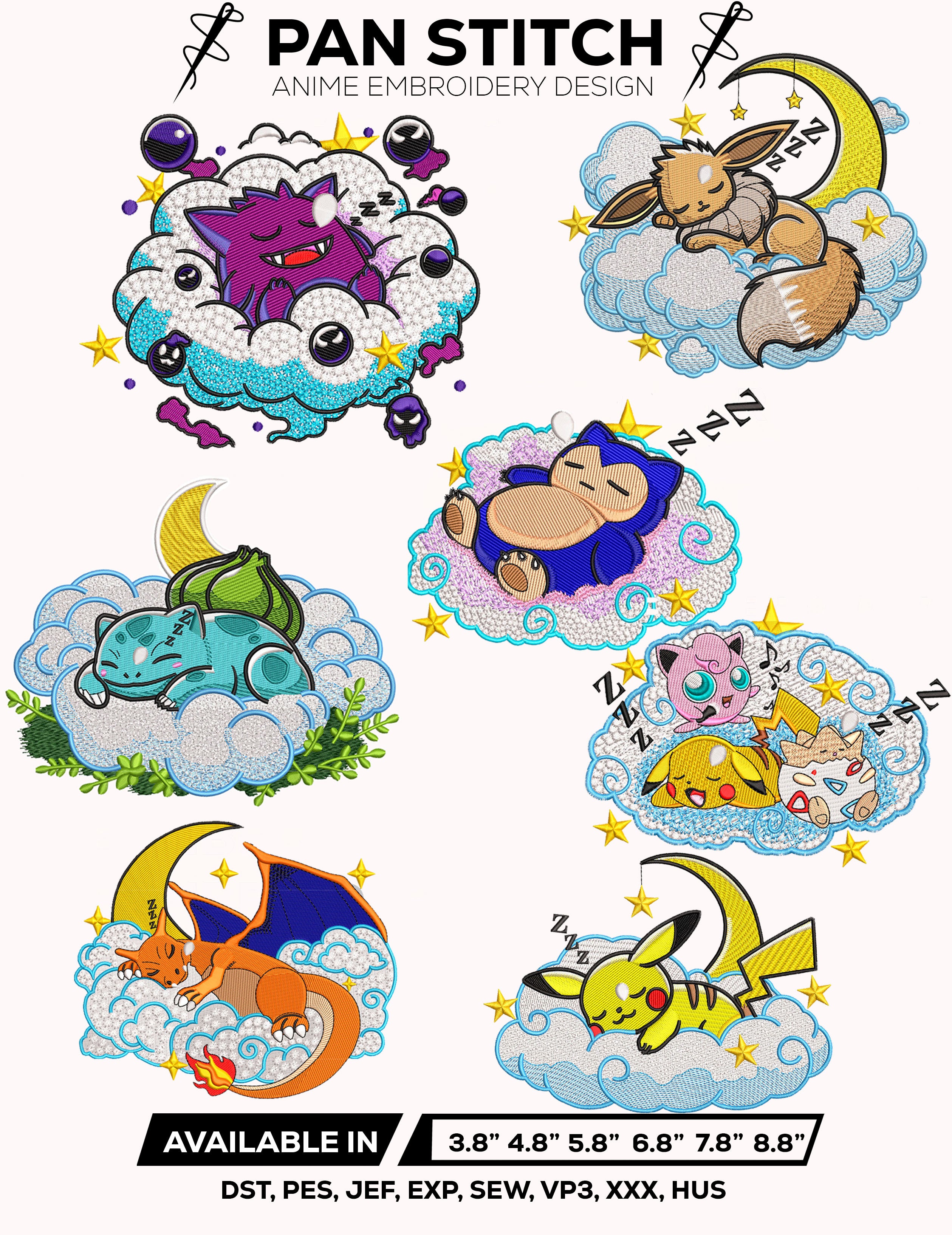 Sleeping Pokemon Cloud Embroidery Design Bundle Pokemon Anime Machine Embroidery Designs Pack – Digital Download