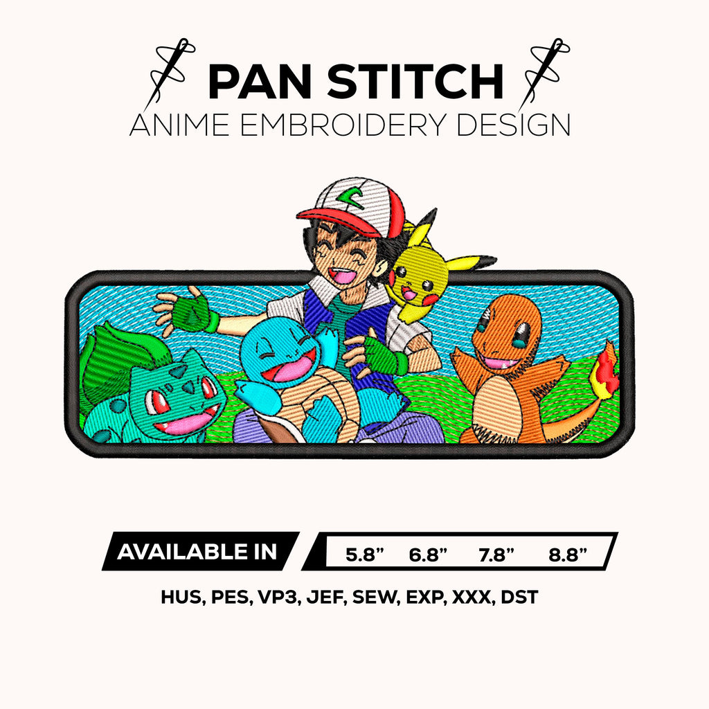 Ash & Starter Pokemon Embroidery Design – Pikachu Bulbasaur Squirtle Charmander – Anime Machine Embroidery Design – Digital Download