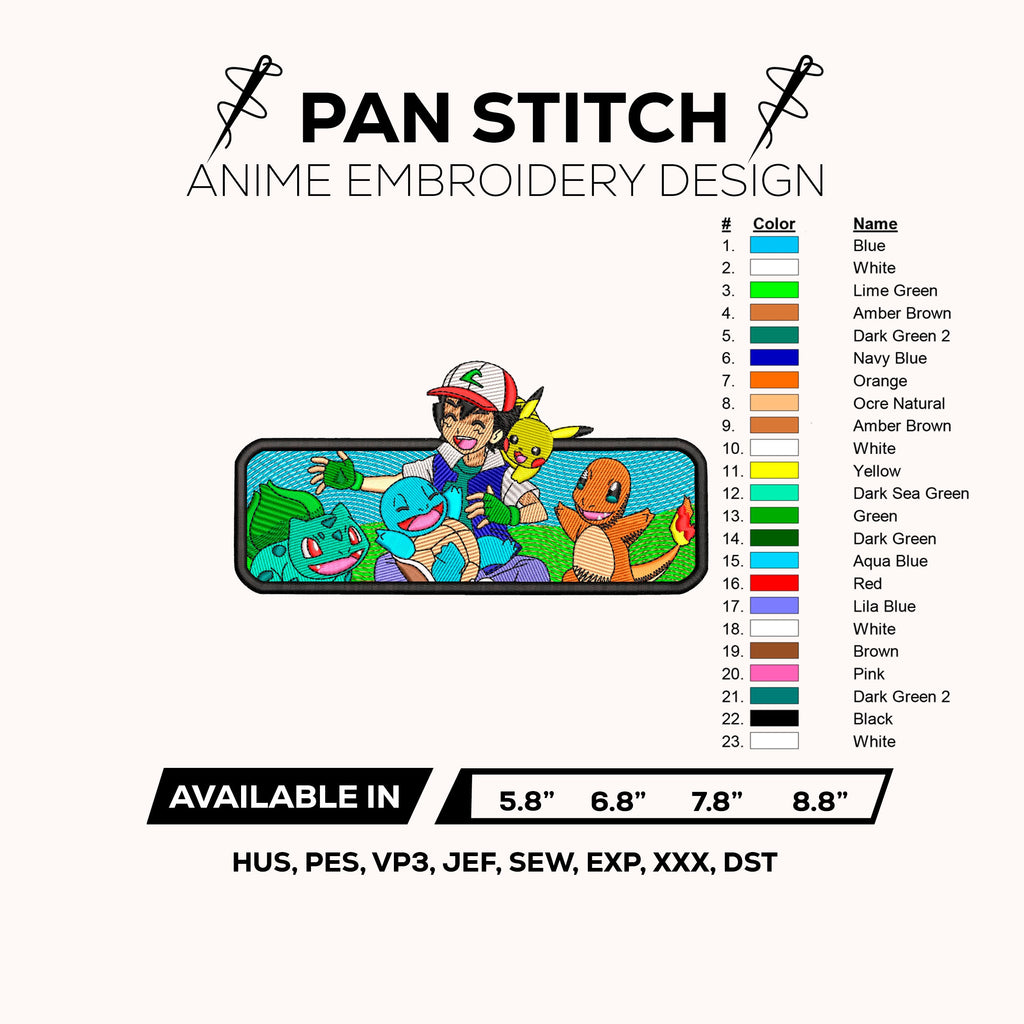 Ash & Starter Pokemon Embroidery Design – Pikachu Bulbasaur Squirtle Charmander – Anime Machine Embroidery Design – Digital Download