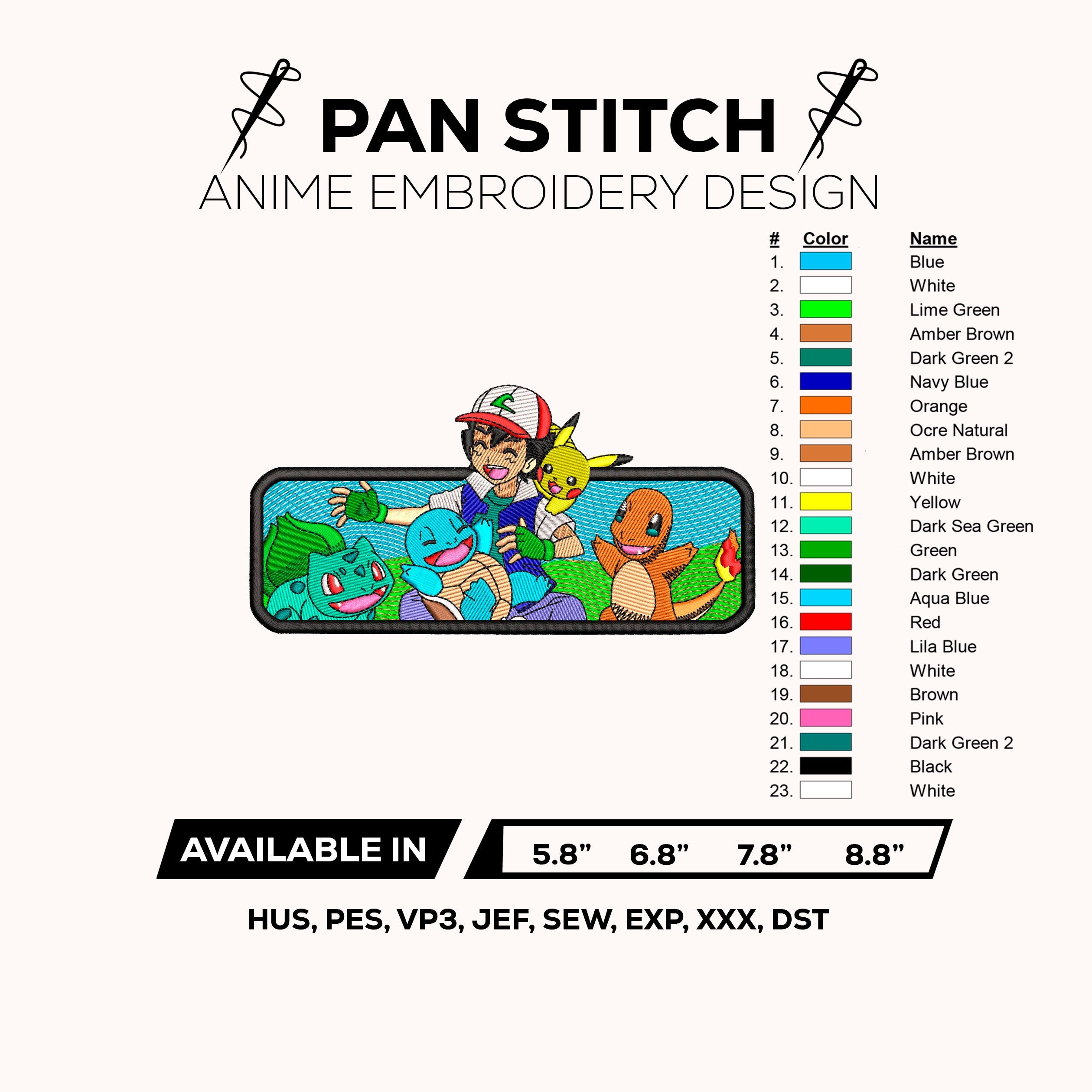 Ash & Starter Pokemon Embroidery Design – Pikachu Bulbasaur Squirtle Charmander – Anime Machine Embroidery Design – Digital Download