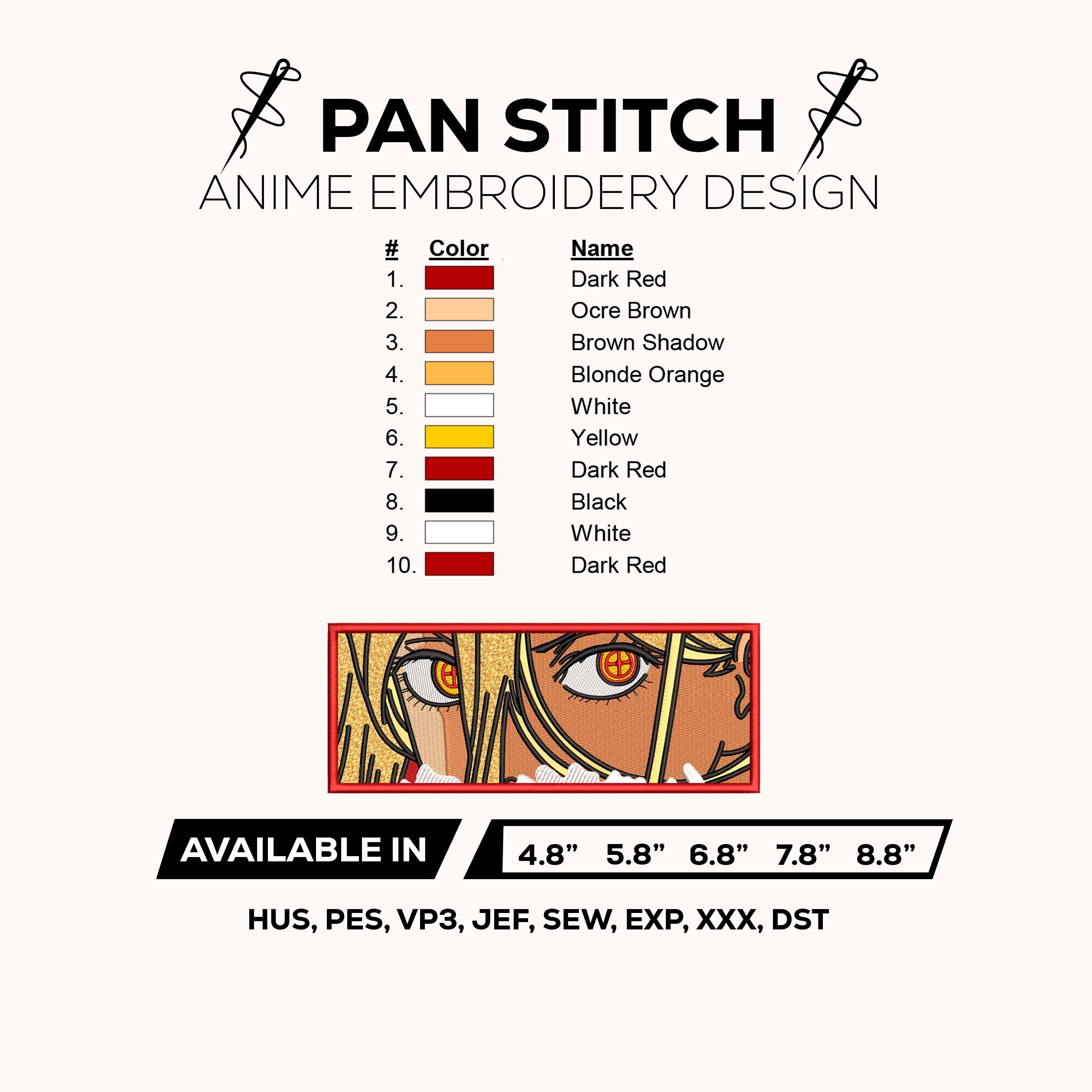 Power Demon Eyes Embroidery Design – Chainsaw Man Anime Machine Embroidery File Instant Download PES DST JEF EXP VP3 XXX HUS SEW